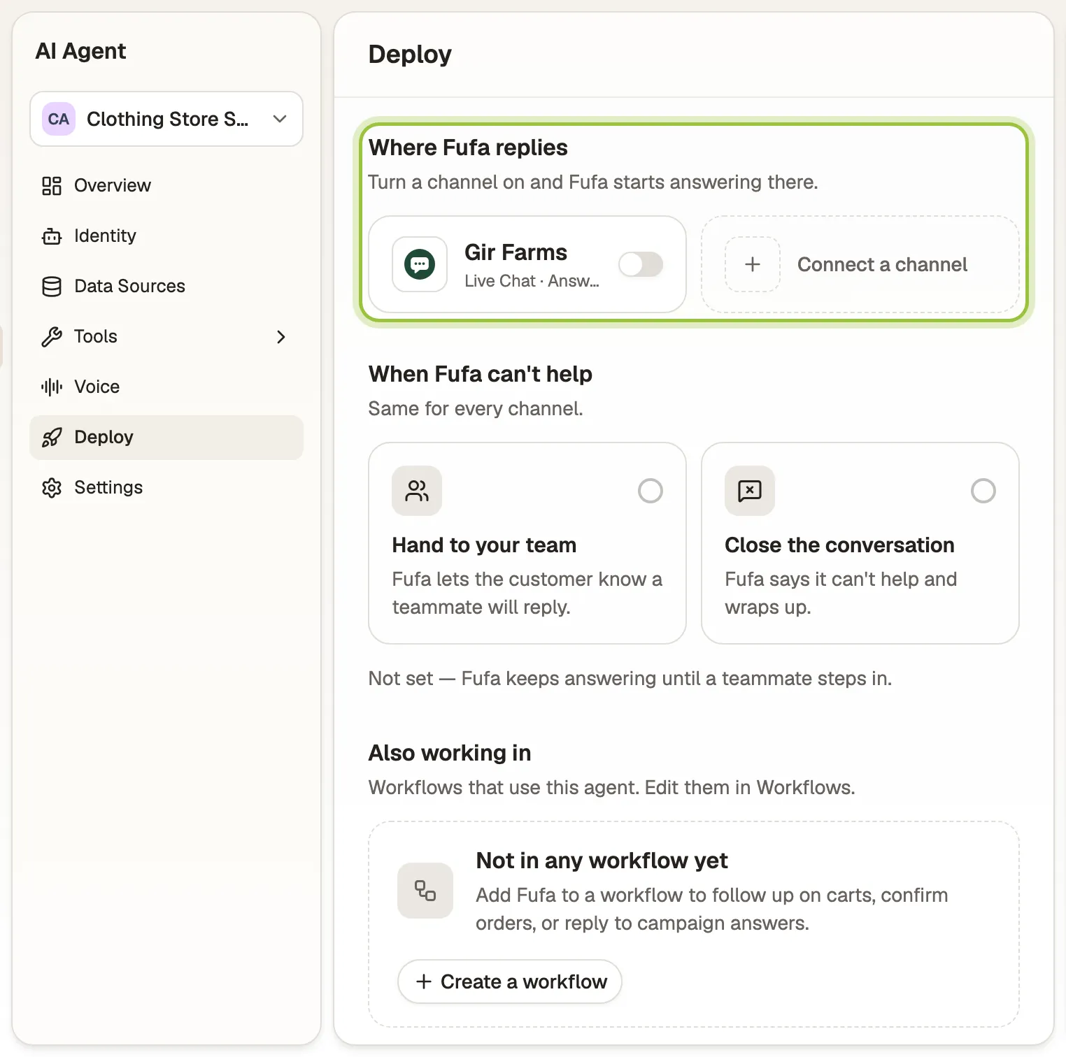The Deploy page: Where Fufa replies, with a channel toggle, and When Fufa can’t help