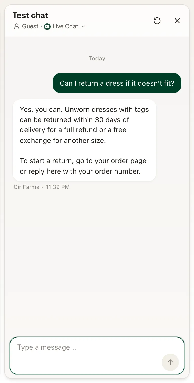 The test chat answering a return question from a Q&A source
